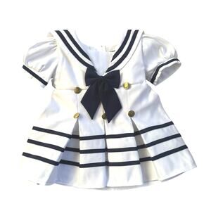 Vtg 1990s Fouger Infant White/Navy Sailor Dress